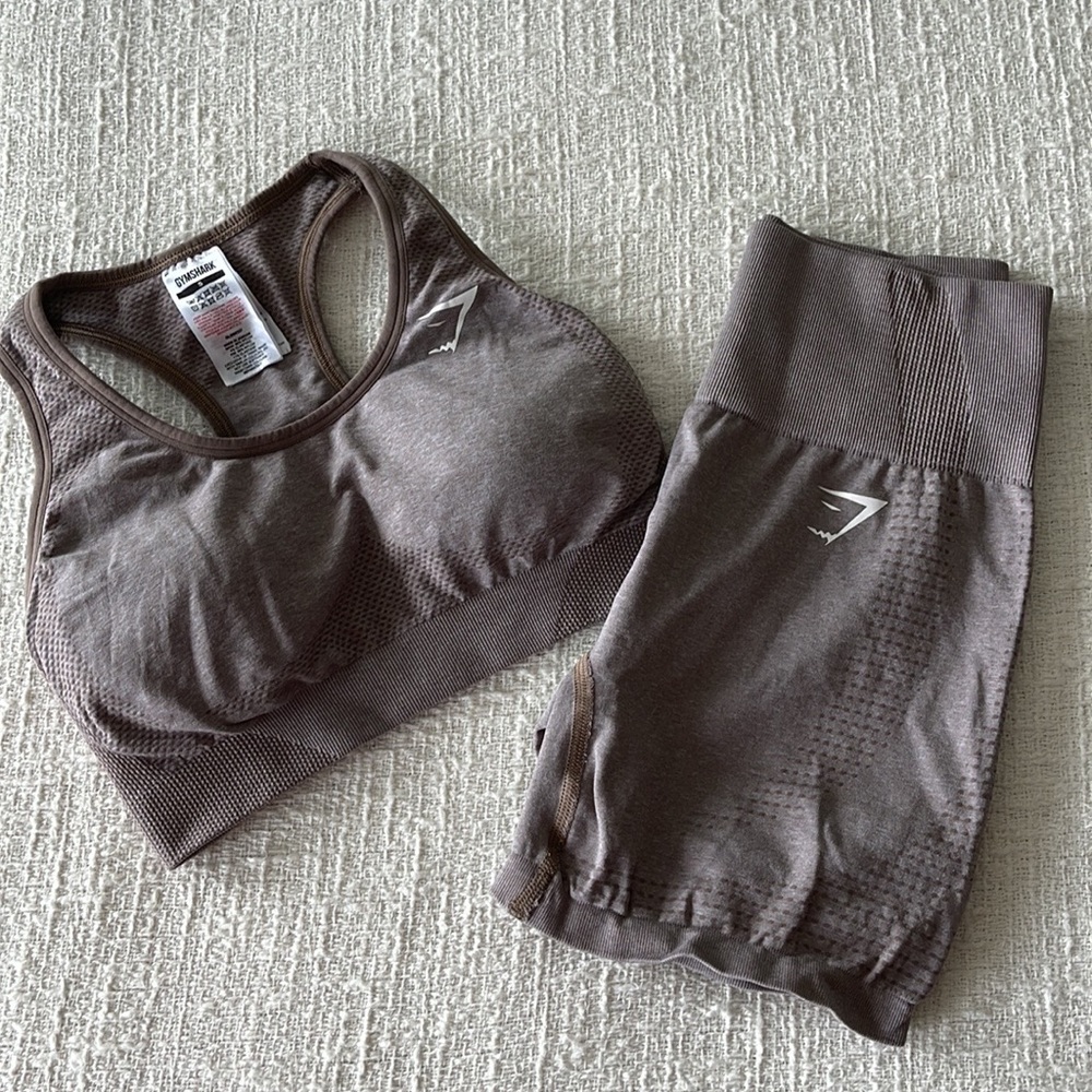 Gymshark vital Seamless 2.0 Taupe Marl Bra and Short Set